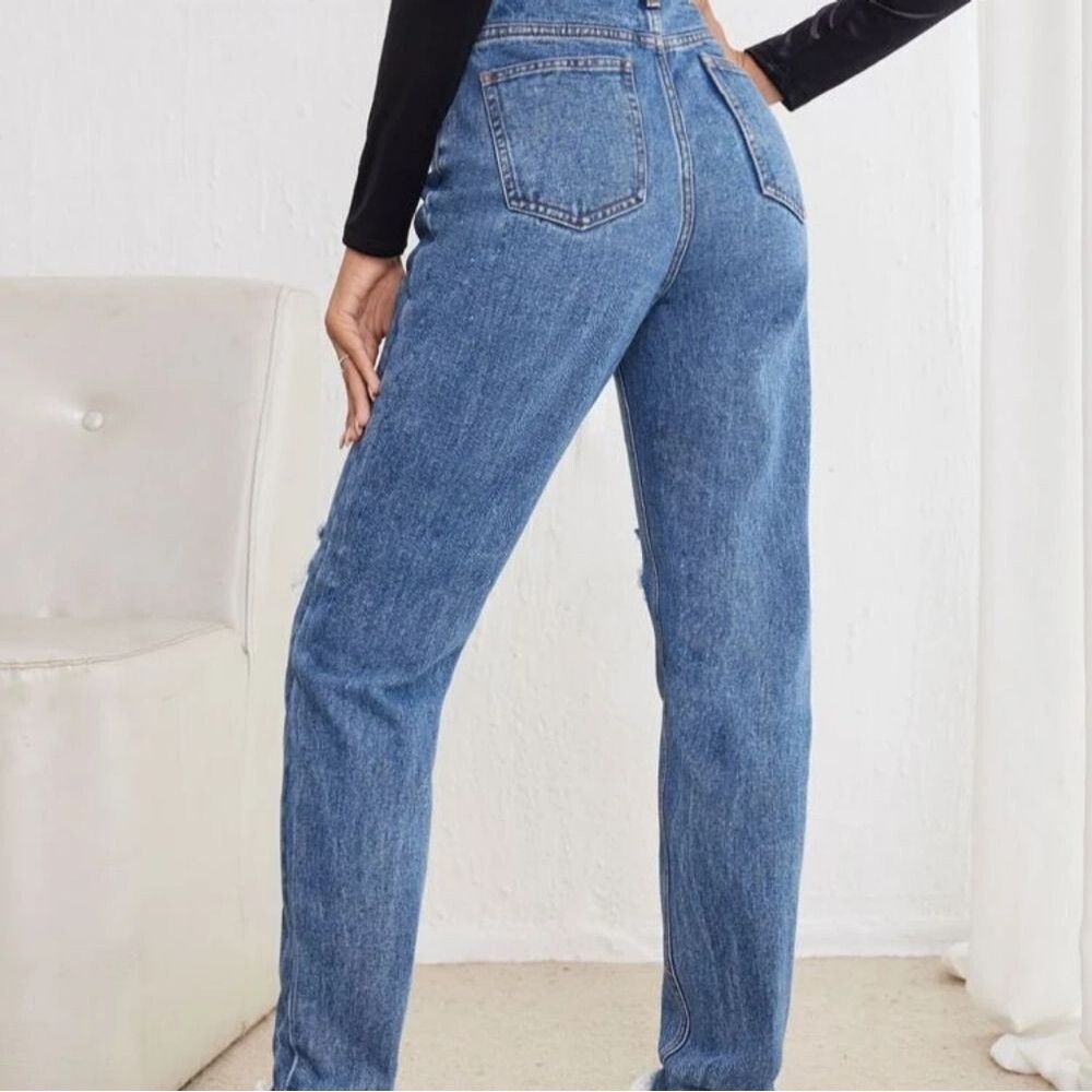 SHEIN Medium Wash High Rise Ripped Mom Jeans XS